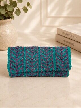 Beaded Sequin Evening Clutch Purple Teal Envelope Bag Handmade In India